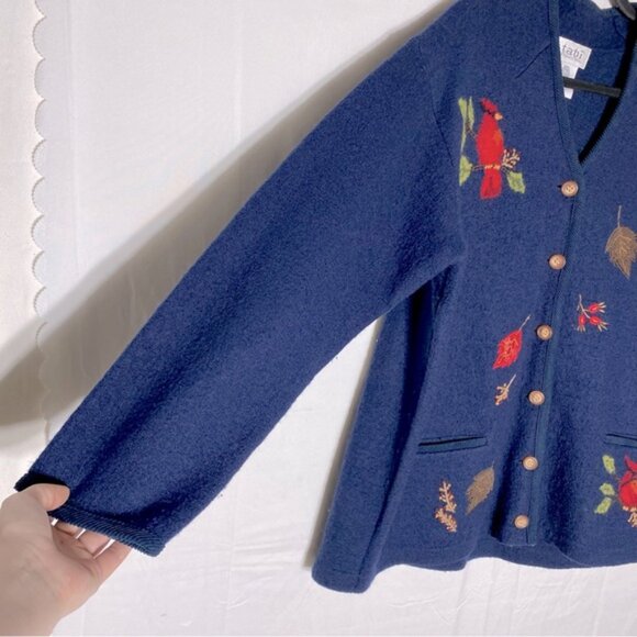 Vintage Tabi Pure New Wool Navy Blue Button Up Cardigan With Birds XL - Picture 14 of 16